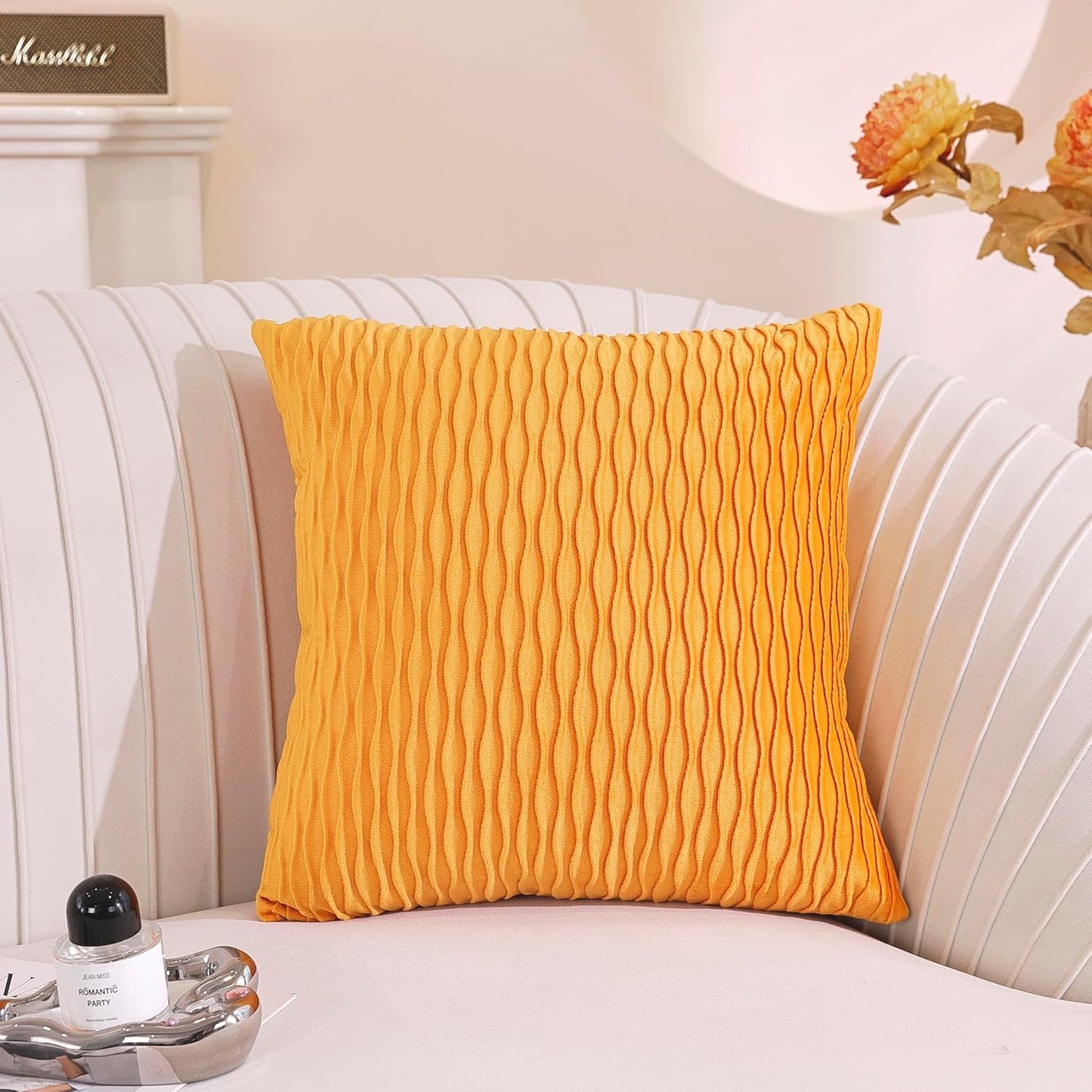 TAOSON Pack of 2,Fall Golden Yellow Velvet Throw Pillow Covers,Original Striped Square Valentines Day Decor Couch Pillowcases Pillow Cover for Wedding Living Room Bedroom Sofa Cushion Bed,18x18 inch