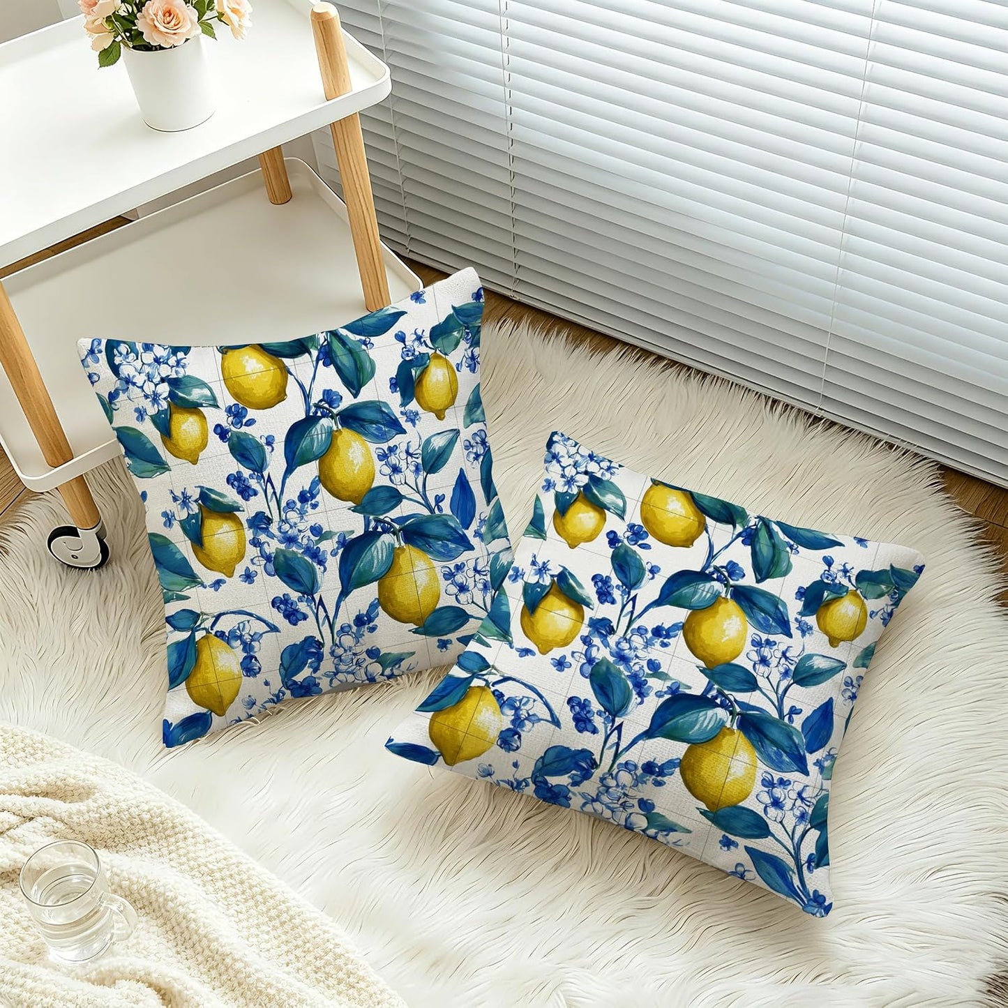 Blue Lemon Pillow Covers 18x18 Set of 2, Mediterranean Italian Lemon Floral Tile Decorative Throw Pillow Covers, Double-Sided Cushion Covers for Couch Sofa Farmhouse Spring Summer Kitchen Home Decor