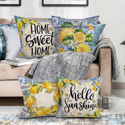 Lemon Pillow Covers 18x18, Home Sweet Home Throw Pillowcase, Yellow and Blue Mediterranean Summer Decor Italian Themed Tile Flower Pattern Square Cushion Covers for Sofa Bed Couch Set of 4