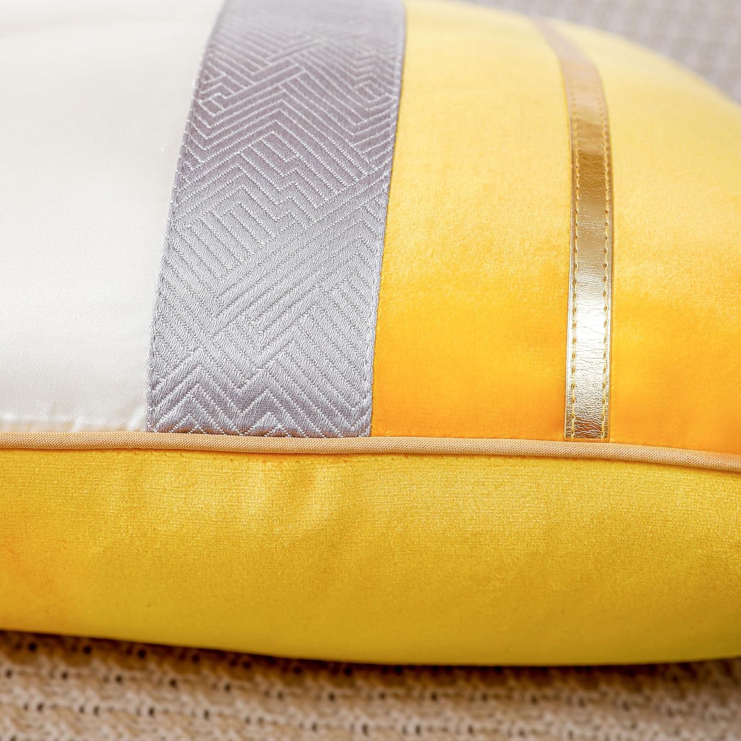 PANOD Patchwork Yellow Silk-Like Velvet Throw Pillow Cover with Gold Striped Leather Cushion Case Modern Luxury Square Pillowcase for Sofa Couch Bedroom Living Room Home,16x16 inch