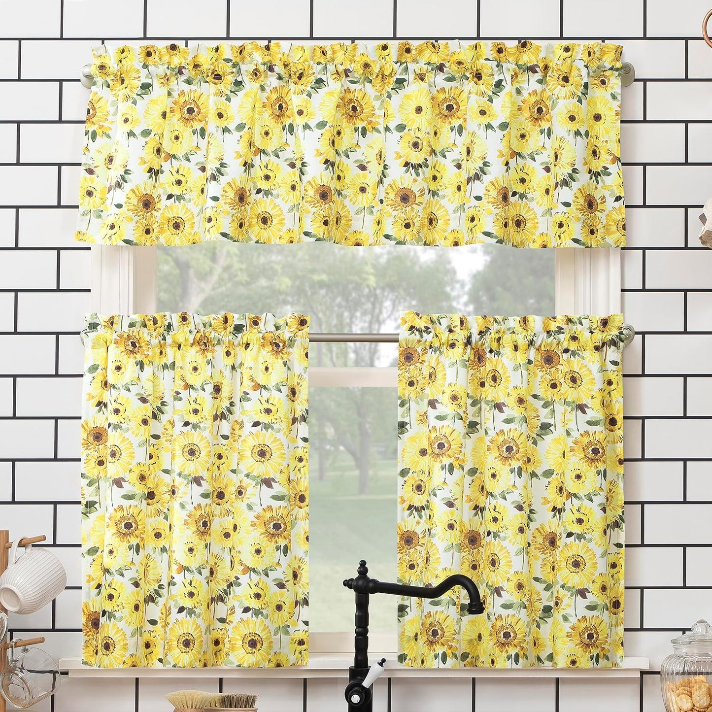 No. 918 Sunbeam Sunflower Print Semi-Sheer Rod Pocket Kitchen Curtain Valance and Tiers Set, 54" x 24", Yellow
