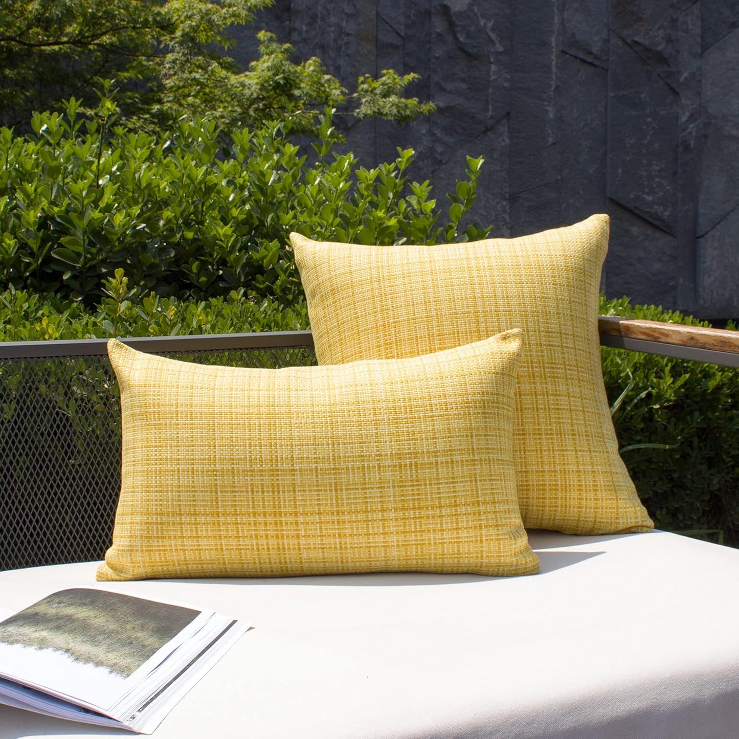 Kevin Textile Pack of 2 Decorative Outdoor Waterproof Throw Pillow Covers Stripe Square Pillowcases Modern Cushion Cases for Patio Couch Bench 18 x 18 Inch Yellow