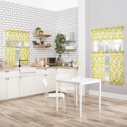 No. 918 Sunbeam Sunflower Print Semi-Sheer Rod Pocket Kitchen Curtain Valance and Tiers Set, 54" x 24", Yellow