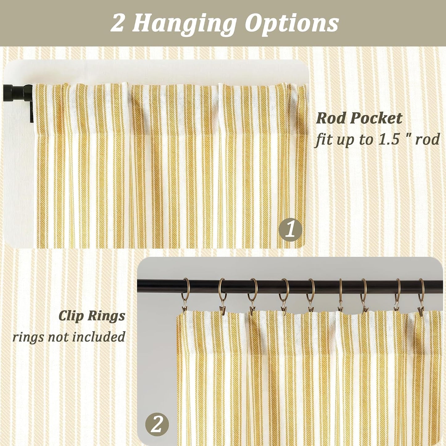 Chyhomenyc Striped Valances for Windows - Light Filtering Faux Linen Small Tier Valance Curtains, Boho Ticking Stripe Rod Pocket Farmhouse Valance for Living Room, 52Wx14L, 2 Pieces, Yellow Gold