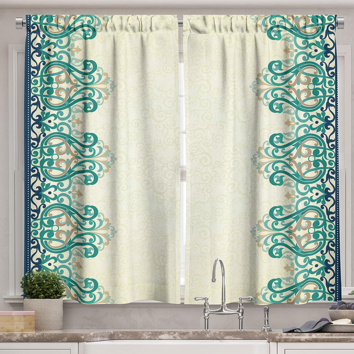 Ambesonne Damask Kitchen Curtains, Ornamental Lace Like Border Victorian Style Pattern Design Illustration, Window Drapes 2 Panel Set for Kitchen Cafe Decor, 55" X 39", Yellow Jade