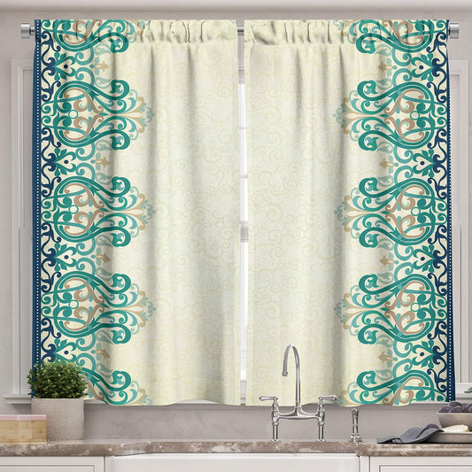 Ambesonne Damask Kitchen Curtains, Ornamental Lace Like Border Victorian Style Pattern Design Illustration, Window Drapes 2 Panel Set for Kitchen Cafe Decor, 55" X 39", Yellow Jade