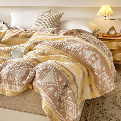 MEJU Muslin All Season Blanket for Bed Sofa Couch, 100% Combed Cotton 3 Layer Soft Warm Quick Dry Throw Blanket Bed Coverlet Sheet (Boho Yellow, Twin 60 in x 80 in)