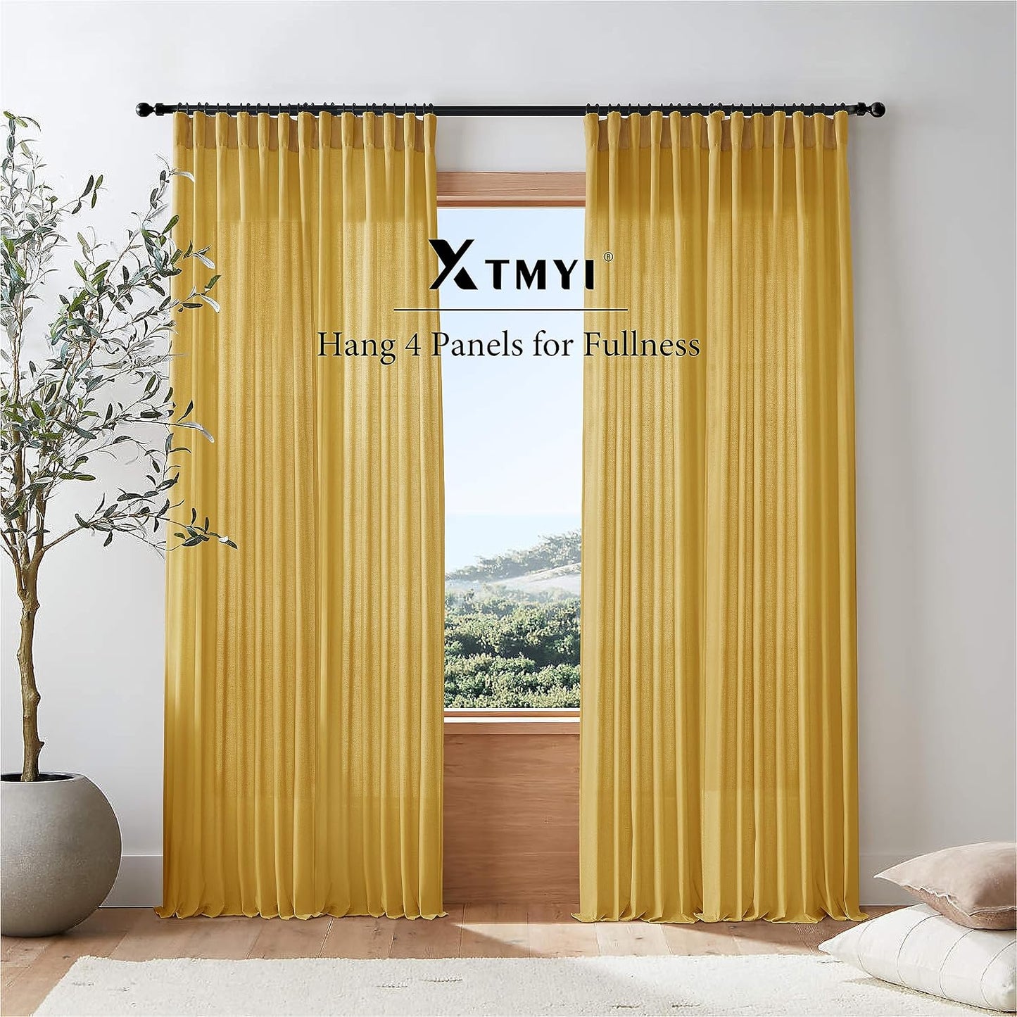 XTMYI Mustard Yellow Sheer Curtains 84 Inches Long for Spring Living Room 2 Panels Set Linen Textured Back Tab Pleated Gold Yellow Boho Retro Curtains for Bedroom Dining Room Kids Playroom,7ft Length