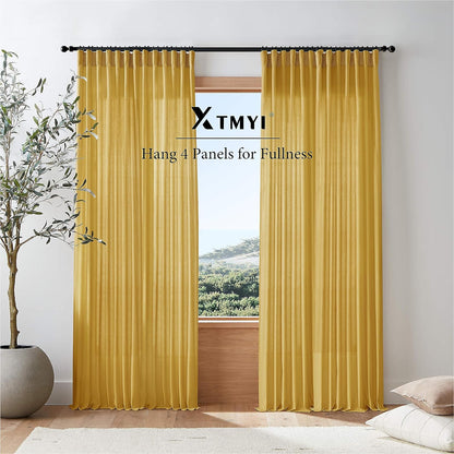 XTMYI Mustard Yellow Sheer Curtains 84 Inches Long for Spring Living Room 2 Panels Set Linen Textured Back Tab Pleated Gold Yellow Boho Retro Curtains for Bedroom Dining Room Kids Playroom,7ft Length