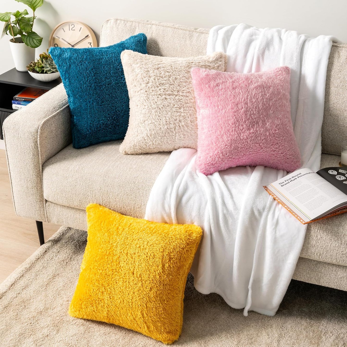 PAVILIA Fluffy Mustard Yellow Throw Pillow Covers, Decorative Accent Pillow Cases for Bed Sofa Couch, Soft Faux Fur Cushion Cover, Square Sherpa Pillowcases, Home Room Decor, Yellow, 18x18 Set of 2