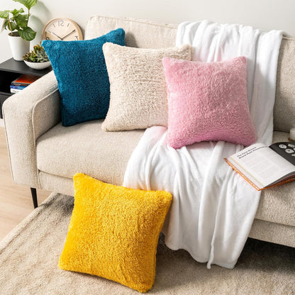 PAVILIA Fluffy Mustard Yellow Throw Pillow Covers, Decorative Accent Pillow Cases for Bed Sofa Couch, Soft Faux Fur Cushion Cover, Square Sherpa Pillowcases, Home Room Decor, Yellow, 18x18 Set of 2