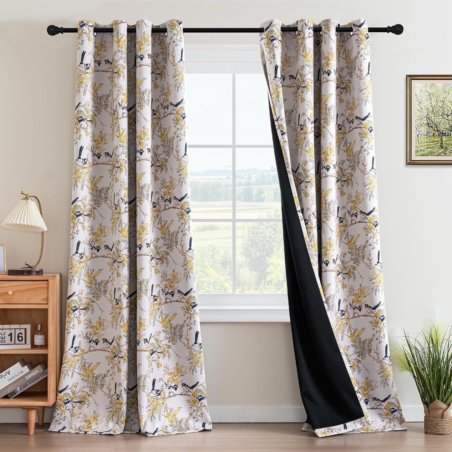 H.VERSAILTEX Floral 100% Blackout Curtains 84 inch Length 2 Panels Vintage Curtains Light Blocking Grommet Printed Patterned Thermal Insulated Yellow Flower Curtain for Living Room, Mustard/Black