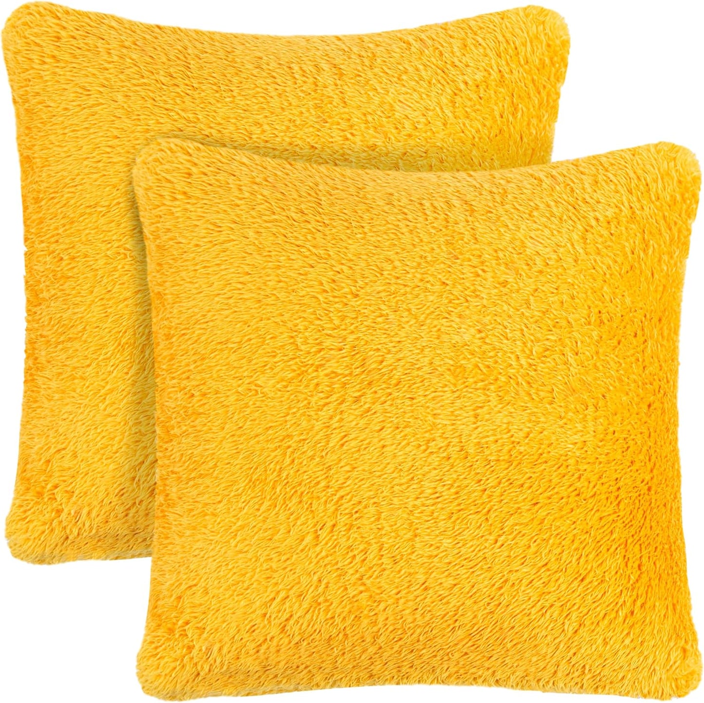 PAVILIA Fluffy Mustard Yellow Throw Pillow Covers, Decorative Accent Pillow Cases for Bed Sofa Couch, Soft Faux Fur Cushion Cover, Square Sherpa Pillowcases, Home Room Decor, Yellow, 18x18 Set of 2