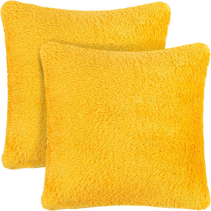 PAVILIA Fluffy Mustard Yellow Throw Pillow Covers, Decorative Accent Pillow Cases for Bed Sofa Couch, Soft Faux Fur Cushion Cover, Square Sherpa Pillowcases, Home Room Decor, Yellow, 18x18 Set of 2