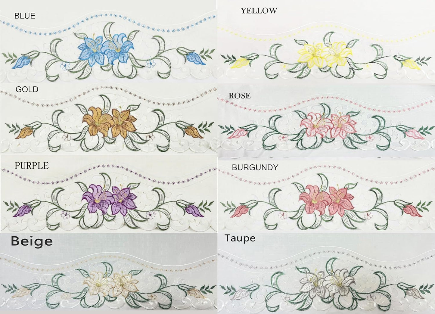 GOHD - Lily Fragrance. 3pcs Multi-Color Embroidery Curtain/Cafe Curtain/Swag & Tiers Set with cutworks. (Yellow)