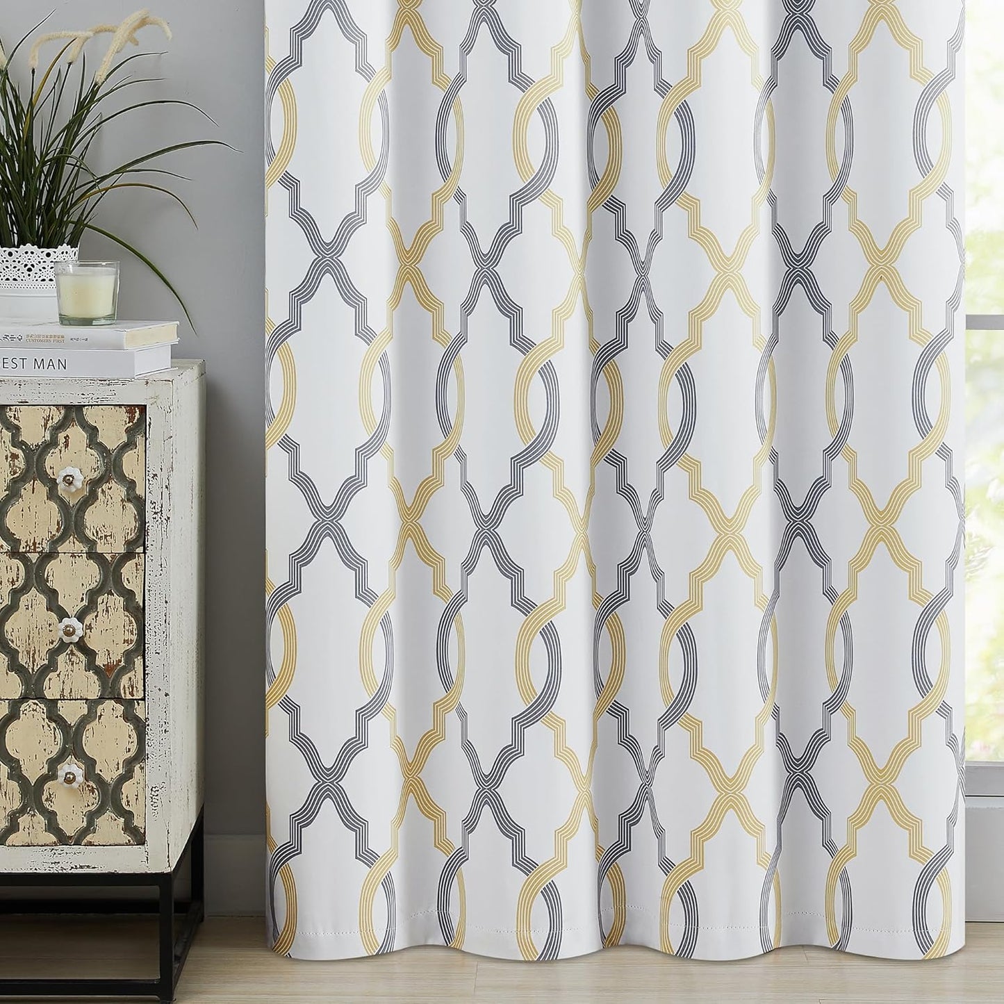100% Blackout Curtains 84 Inches Long for Bedroom, Yellow Grey on White Moroccan Geometric Patterned Window Curtain for Living Room, Farmhouse Thermal Insulated Drapes Grommet Top 2 Panels