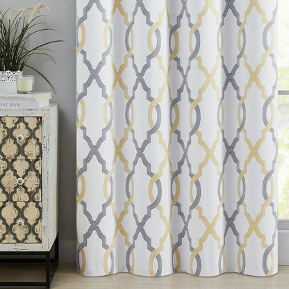 100% Blackout Curtains 84 Inches Long for Bedroom, Yellow Grey on White Moroccan Geometric Patterned Window Curtain for Living Room, Farmhouse Thermal Insulated Drapes Grommet Top 2 Panels