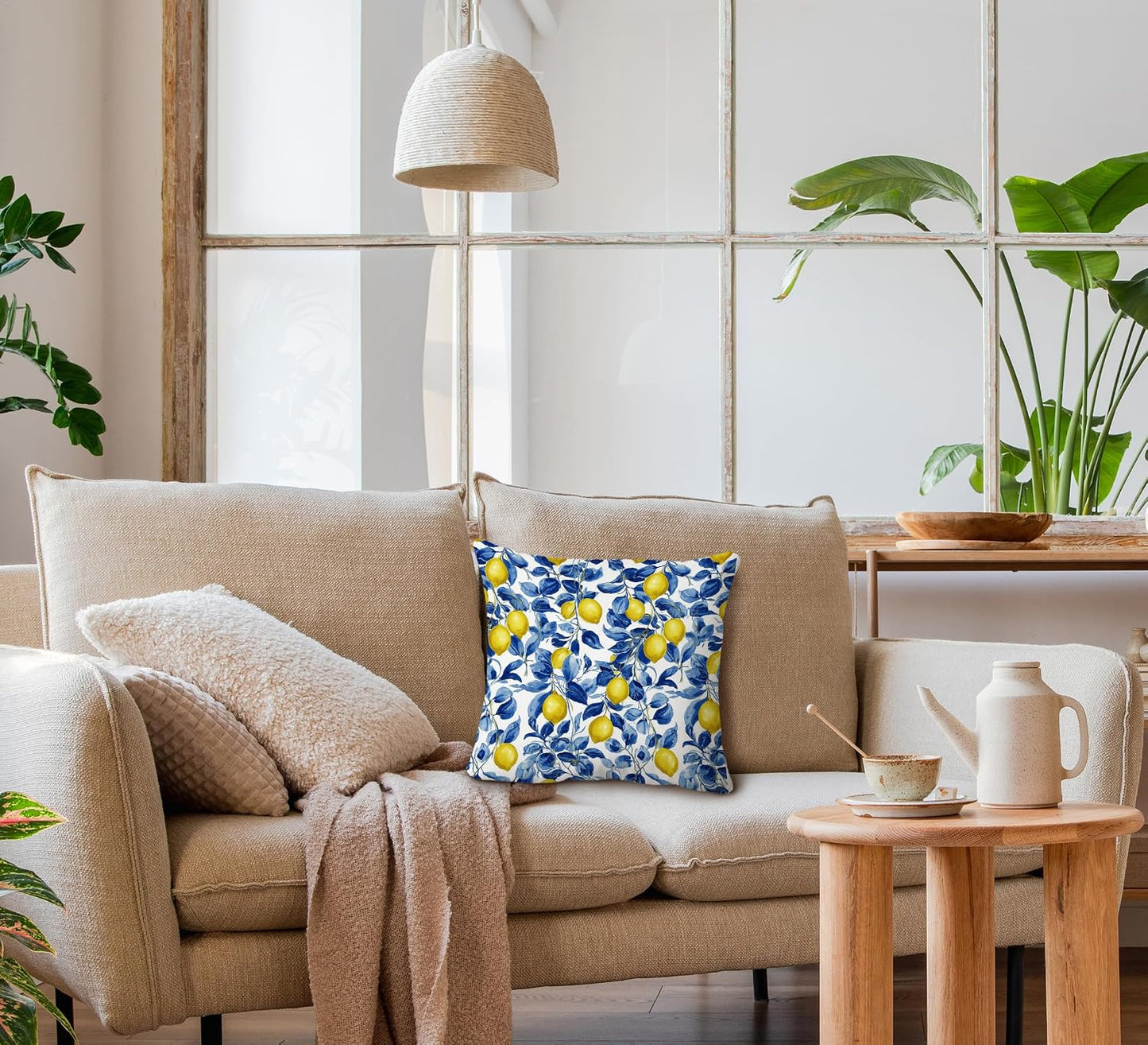 huester Mediterranean Lemon Pillow Cover 18x18, Lemon Gifts for Women, Blue and White Botanical Summer Fruit Decorative Throw Pillow Cover Pillowcases for Home Bedroom Living Room Decor