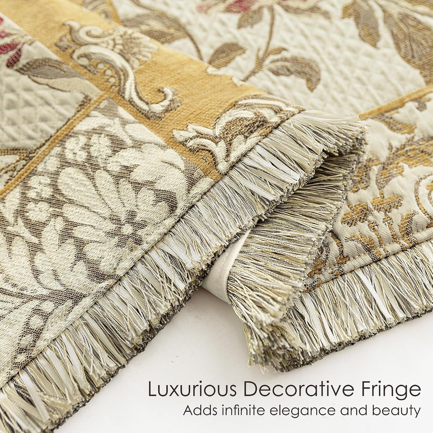 Loom and Mill Damask Patchwork Throw Blankets for Bed, Jacquard Floral Throws with Fringes Trim, Soft Lightweight Velvet Lined Throw Blanket for Sofa Couch Chair All Seasons(Beige Yellow, 52”x72”)