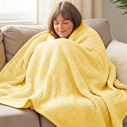 THREAD SPREAD 100% Cotton Waffle Blanket Queen Size - Soft Lightweight Breathable Waffle Weave Queen Blanket for All Season, Textured Throw Blankets for Bed, Sofa, Hotel, Hospital - Yellow