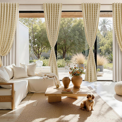 Hokibero 100% Blackout Yellow Short Curtains 63 Inch Long for Bedroom 2 Panels Back Tab Thermal Insulated Double Layer Curtain Girls Room Black Out Window Drapes Cute Pom Pom Sheer for Nursery 52x63