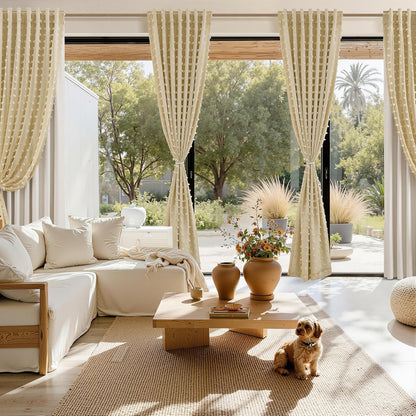 Hokibero 100% Blackout Yellow Curtains 84 Inch Long for Bedroom 2 Panels Back Tab Pocket Pom Pom Drapes Cute Farmhouse Style Room Darkening Double Layer Design Window Curtain for Living Room 52x84
