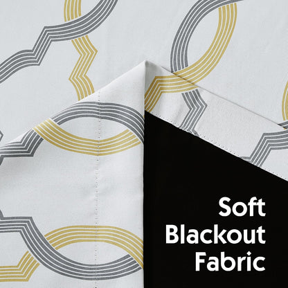 100% Blackout Curtains 84 Inches Long for Bedroom, Yellow Grey on White Moroccan Geometric Patterned Window Curtain for Living Room, Farmhouse Thermal Insulated Drapes Grommet Top 2 Panels