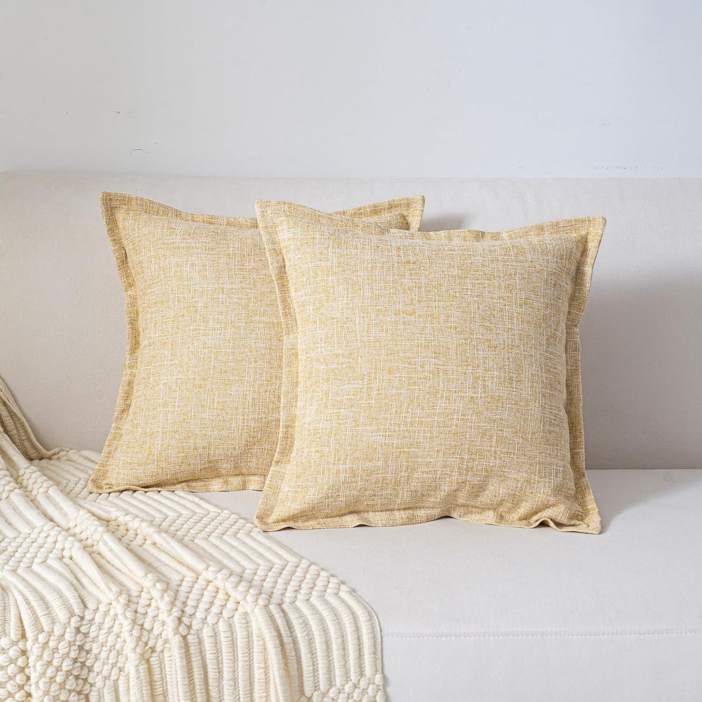 18"X18" Pack of 2, Decorative Linen Soild Throw Pillow Covers with Stylish Flange Edge Cozy Farmhouse Neutral Pillowcase for Couch Sofa Bedroom Living Room Home Décor Light Yellow