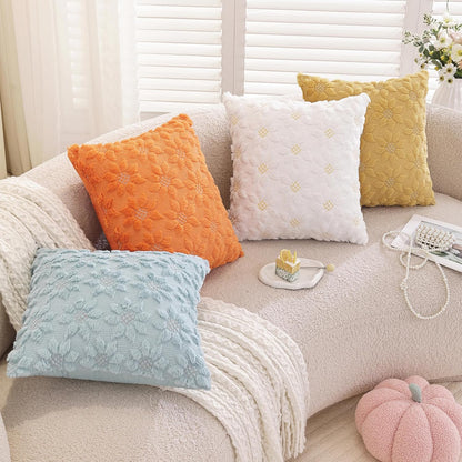 TAOSON Pack of 2, Spring Summer Farmhouse Mustard Yellow Flower Heart Sunflower Soft Plush Faux Fur Jacquard Throw Pillow Covers Soft Couch Pillowcases Cushion Covers for Living Room Bed Sofa 18 x 18
