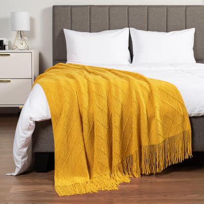PAVILIA Mustard Yellow Knit Throw Blanket for Couch Bed, Soft Knitted Farmhouse Sofa Throw for Living Room, Lightweight Decorative Fall Throw Blanket for Chair, Outdoor Textured Boho Blanket, 50x60