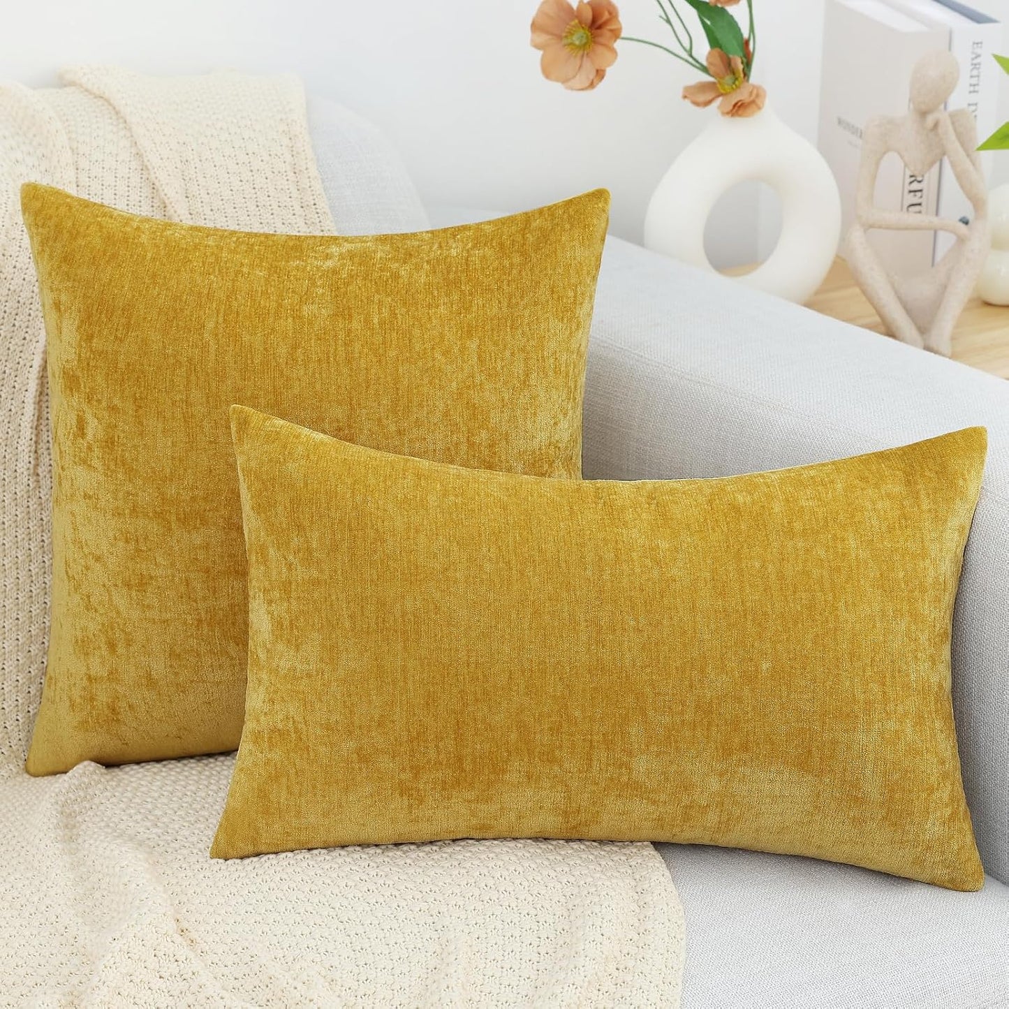 decorUhome Fall Chenille Mineral Yellow Throw Pillow Covers 18x18 Inch Set of 2, Decorative Soft Couch Pillow Covers Solid Dyed Accent Farmhouse Neutral Square Pillow Cases for Sofa