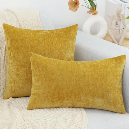 decorUhome Fall Chenille Mineral Yellow Throw Pillow Covers 18x18 Inch Set of 2, Decorative Soft Couch Pillow Covers Solid Dyed Accent Farmhouse Neutral Square Pillow Cases for Sofa