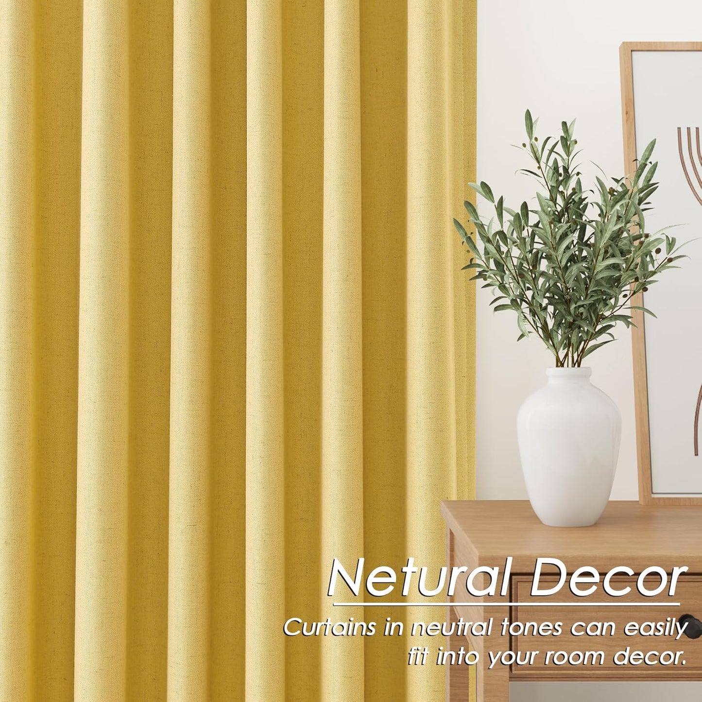 Nanspring Gold Yellow 100% Blackout Linen Curtains 84 Inch Length 2 Panels Set for Bedroom Back Tab Modern Farmhouse Decor Black Out Curtain for Living Room Office Thermal Insulated Drapes 52x84
