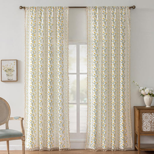 Boho Curtains 84 Inch Long for Living Room, Bedroom, Yellow Flower| Sage on White 2 Panels Floral Farmhouse Vintage Tassel Light Filtering Privacy Window Curtain Drapes with Rod Pocket