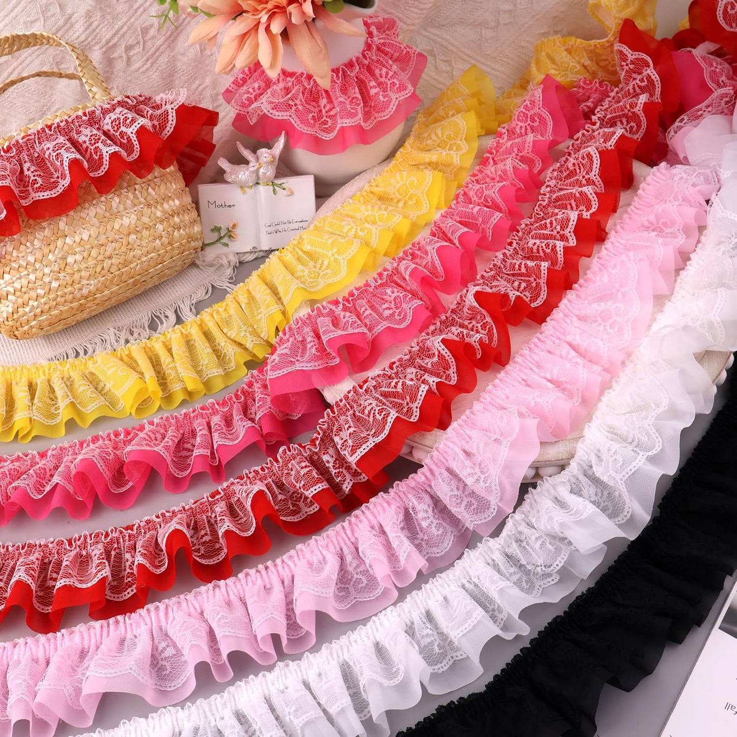 GXTIZAS Yellow Lace Ruffle Ribbon, Double Layer Pleated Chiffon Lace Trim, 6cm Wide Elastic Decorative Lace Edge for Sewing, Clothing, Pillowcase & DIY Craft Decoration (Perfect for 10-15 Projects)