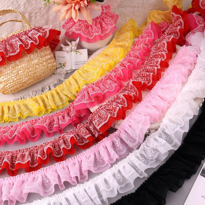 GXTIZAS Yellow Lace Ruffle Ribbon, Double Layer Pleated Chiffon Lace Trim, 6cm Wide Elastic Decorative Lace Edge for Sewing, Clothing, Pillowcase & DIY Craft Decoration (Perfect for 10-15 Projects)