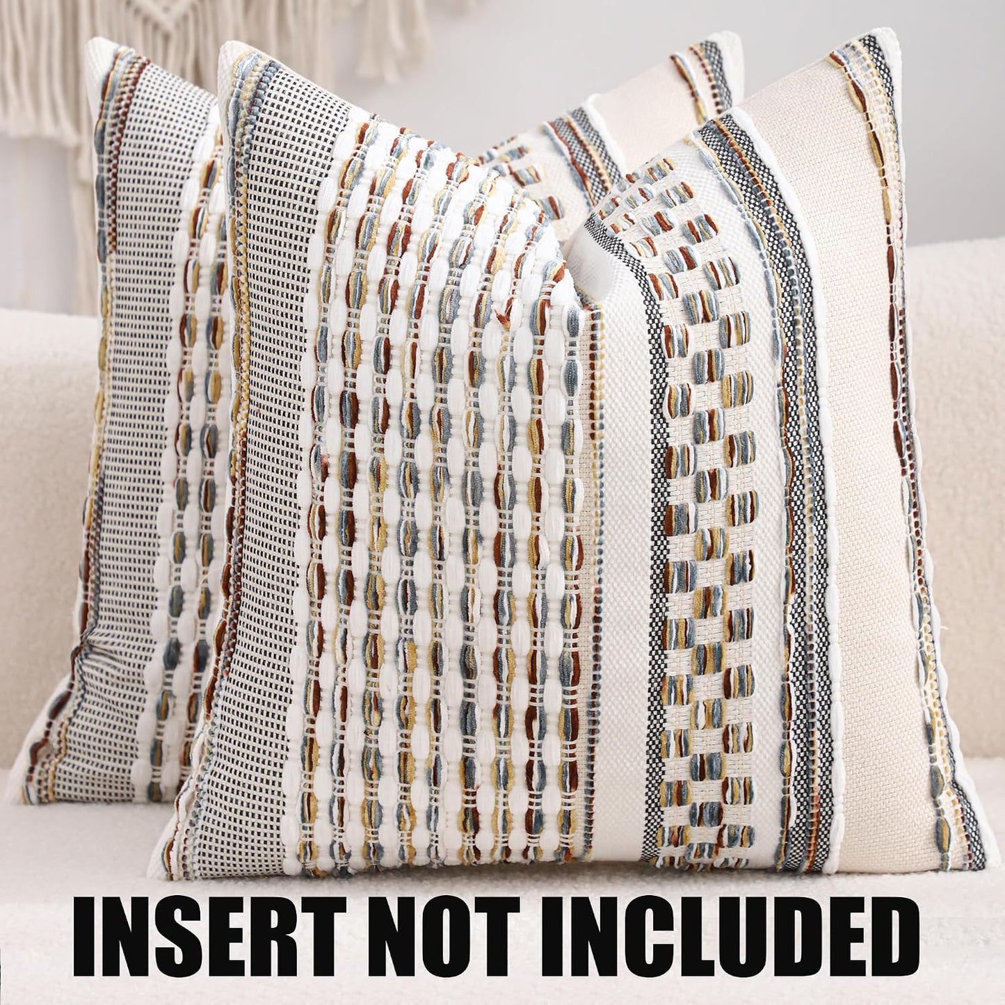 Boho Outdoor Throw Pillow Covers 18x18 Set of 2 Farmhouse Decorative Cushion Case Striped Square Pillow Cover Chenille Pattern Pillow Cases Accent Neutral Pillowcase,Rust Blue and Yellow
