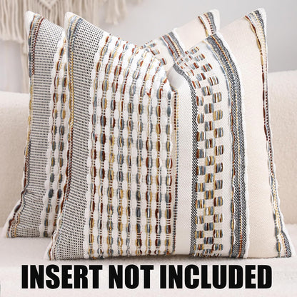 Boho Outdoor Throw Pillow Covers 18x18 Set of 2 Farmhouse Decorative Cushion Case Striped Square Pillow Cover Chenille Pattern Pillow Cases Accent Neutral Pillowcase,Rust Blue and Yellow