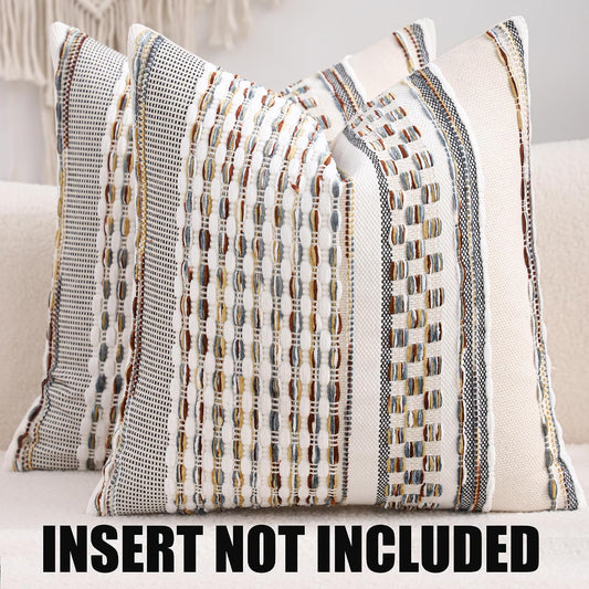 Boho Outdoor Throw Pillow Covers 18x18 Set of 2 Farmhouse Decorative Cushion Case Striped Square Pillow Cover Chenille Pattern Pillow Cases Accent Neutral Pillowcase,Rust Blue and Yellow