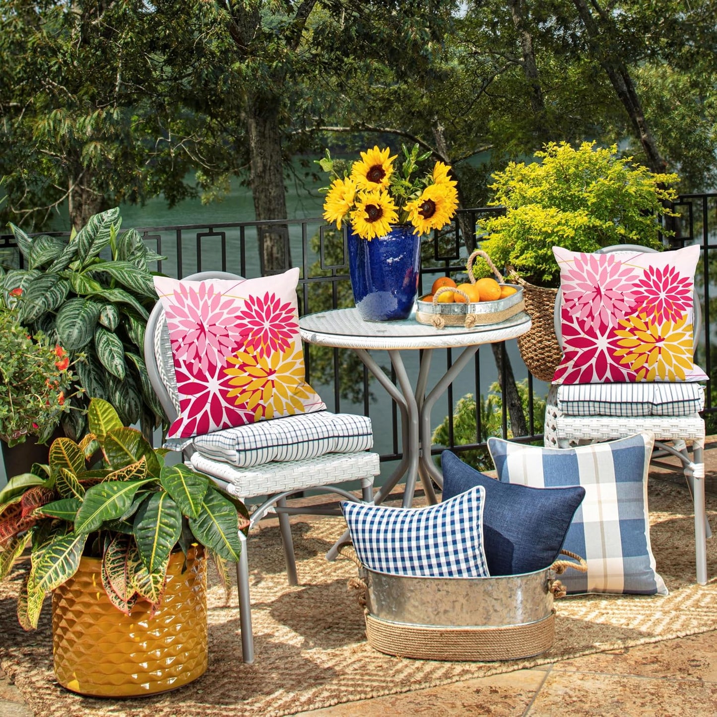 DFXSZ Outdoor Pillow Covers - 20x20 Inch Set of 2 Pink Yellow Flower Decorative Waterproof Summer Pillow Covers for Patio Furniture, Garden Couch