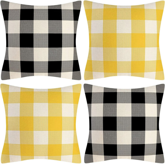 Lemon Yellow Black White Buffalo Check Plaid Throw Pillow Covers Farmhouse Decorative Throw Pillow Case Indoor Outdoor Cushion Cover Pillowcase for Sofa 18 x 18 Inch Set of 2