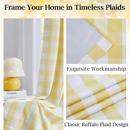 Yellow White Buffalo Plaid Full Blackout Curtains 84 Inches Long,Farmhouse Double-Layer Panels,Darkening Thermal Insulated Window Treatment,Rod Pocket Back Tabs,40" Wx84 Lx2