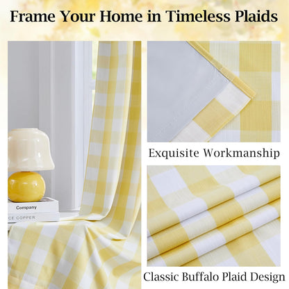 Buffalo Plaid Blackout Curtains 90 Inches Length,Yellow White Farmhouse Thermal Insulated Double-Layer Drapes,Rustic Window Treatment for Bedroom Living Room,Rod Pocket Back Tabs,40"Wx90"Lx2