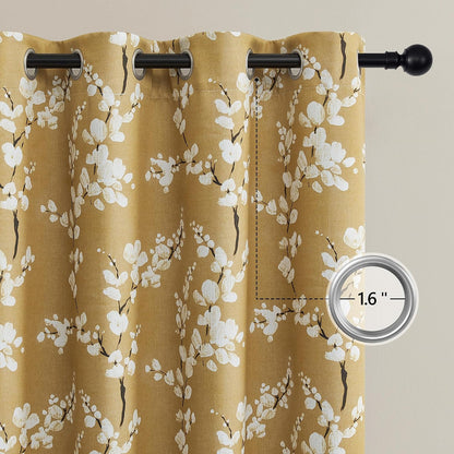 FMFUNCTEX 100% Blackout Floral Curtains for Bedroom, Mustard Yellow Curtain 84 inches Long Blossom Patterned for Living Room, Thermal Insulated Farmhouse Drapes, Grommet Top 2 Panels (White on Yellow)