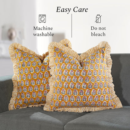 CPC Yellow Citrine Ruffle Throw Pillow Covers for Couch, 20x20 Inch Cotton Stripe Ruffle Couch Pillows for Living Room, Hidden 16 Inch Zipper Boho Pillow Case or Cute Outdoor Ruffle Pillows