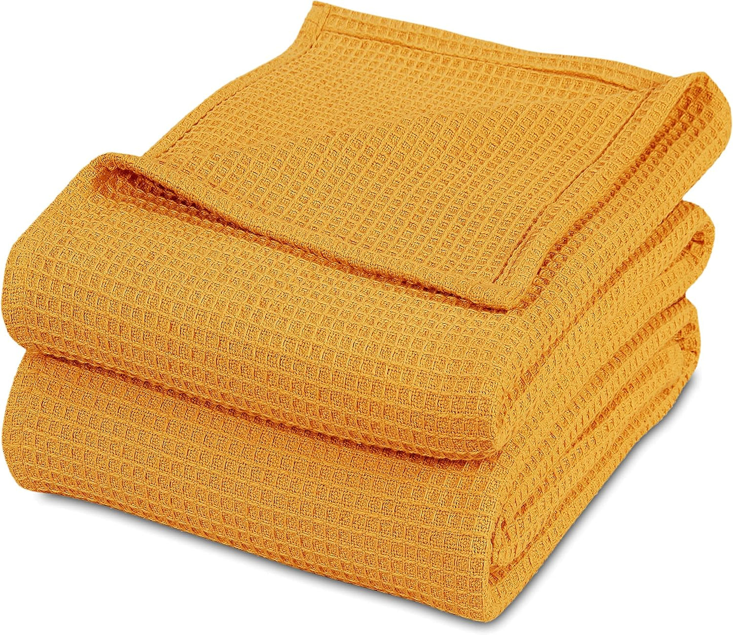Luxurious Combed Cotton Waffle Weave Super Soft, Cozy Warm, Breathable, Light Weight, Stylish, All Season Thermal Blankets Twin/Full/Queen/King (Mustard Yellow, Full/Queen)