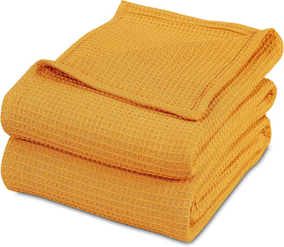 Luxurious Combed Cotton Waffle Weave Super Soft, Cozy Warm, Breathable, Light Weight, Stylish, All Season Thermal Blankets Twin/Full/Queen/King (Mustard Yellow, Full/Queen)