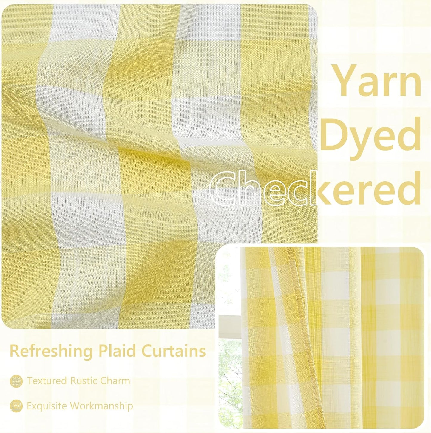 Amzdecor Buffalo Plaid Grommet Curtains 54 Inch Length, Semi-Sheer Gingham Checkered Textured Drapes Rustic Window Treatment for Living Room Bedroom Farmhouse,2 Panels （40" x 54",Yellow & White）