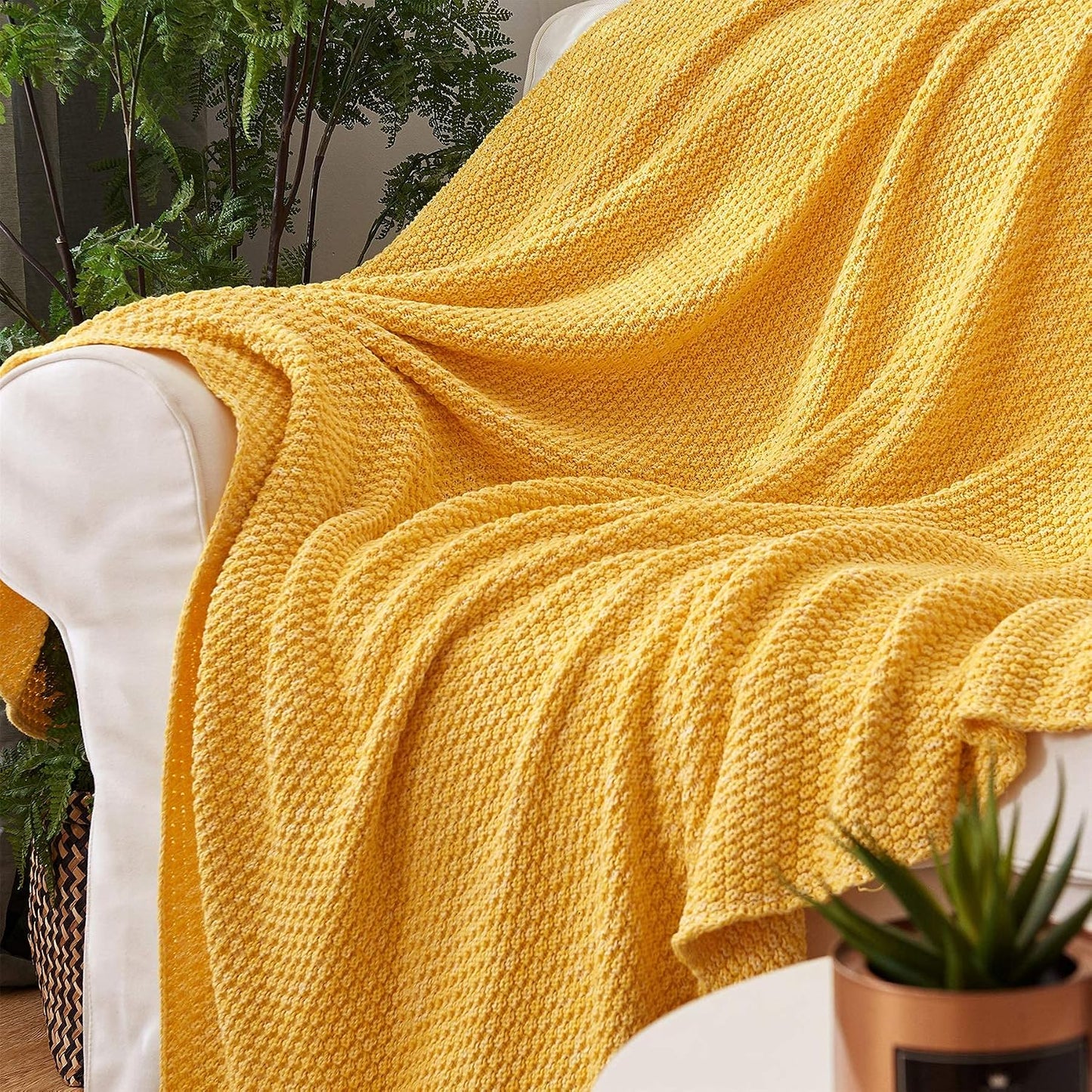 Longhui bedding 100% Cotton Knitted Throw Blanket – Yellow, Soft & Cozy, Machine Washable, 51"x63" – Perfect for Living Room, Couch, Sofa, Bed or Travel