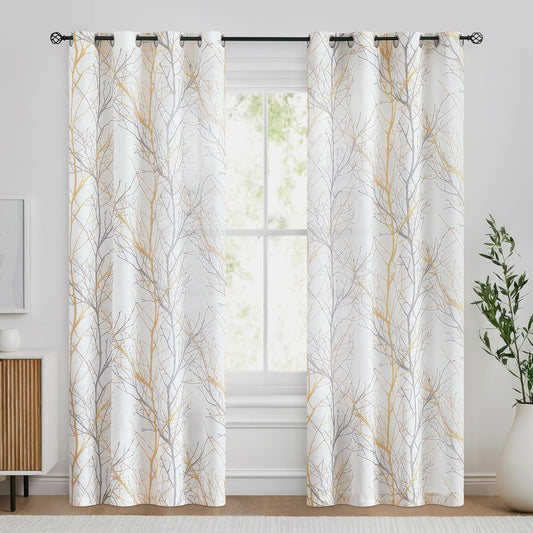 FMFUNCTEX Linen Semi Sheer Curtains for Bedroom, Yellow White Curtains 84 Inches Long for Living Room, Grey Tree Branch Print Curtain Light Filtering Farmhouse Window Drapes, Grommet Top 2 Panels
